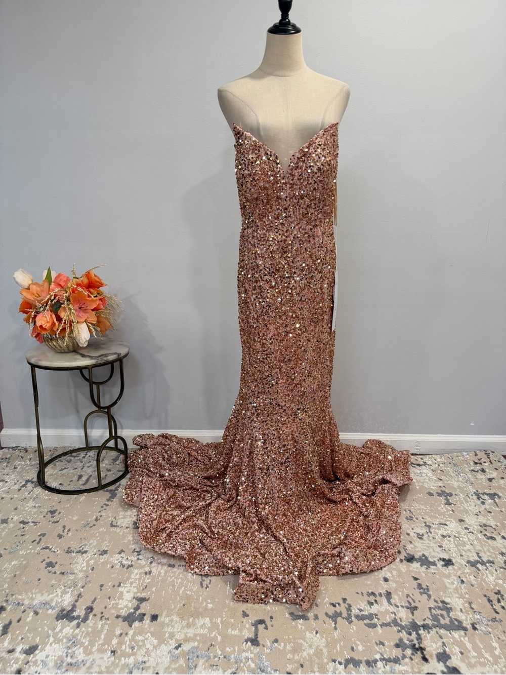 Portia & Scarlett Strapless Rose Gold Sequin Embellished Mermaid Evening Gown